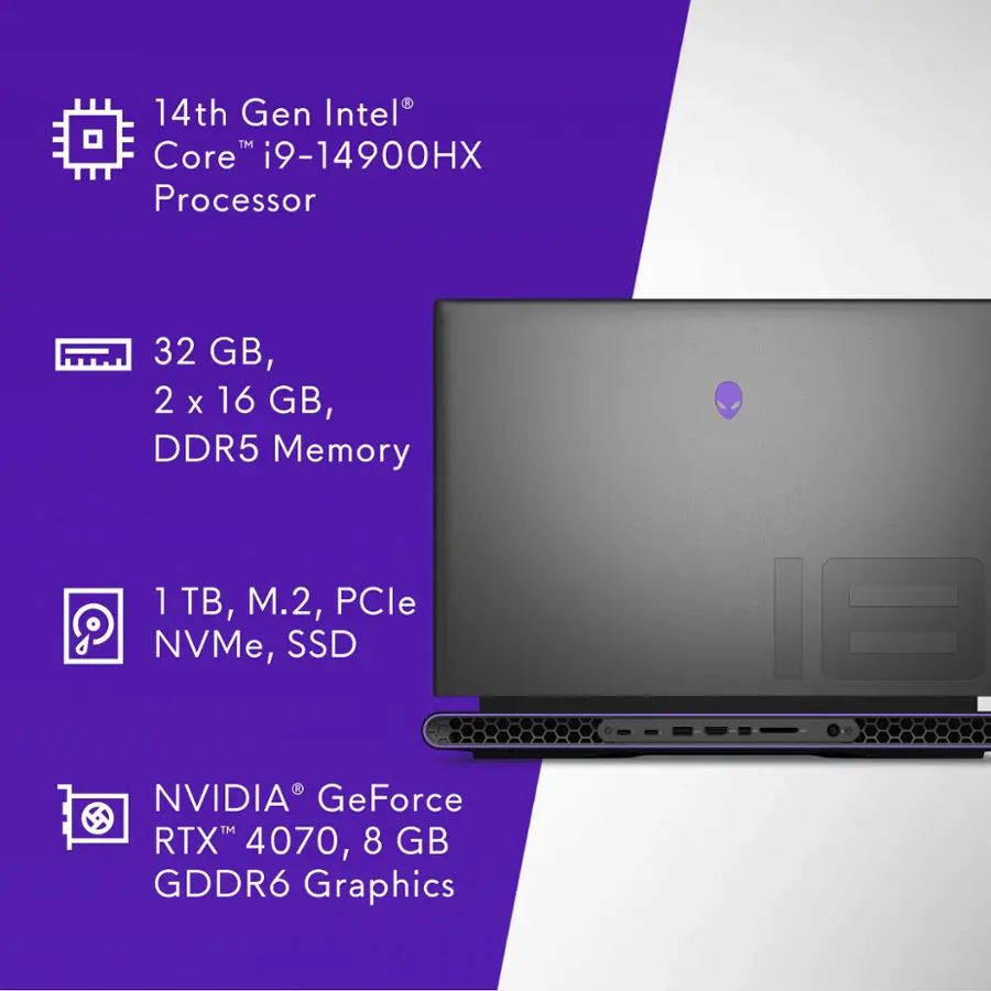 Alienware M18 R2 Gaming Laptop - 18" 165Hz WQXGA - i9-14900HX - 32GB RAM - RTX 4070 - 1TB SSD - AWM18R-9494BLK-PUS - Image 12