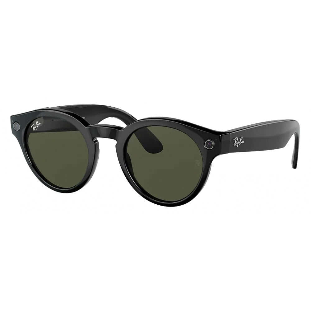 Ray-Ban Stories Round - 48-23mm - Glossy Black w/ G-15 Dark Green Lenses