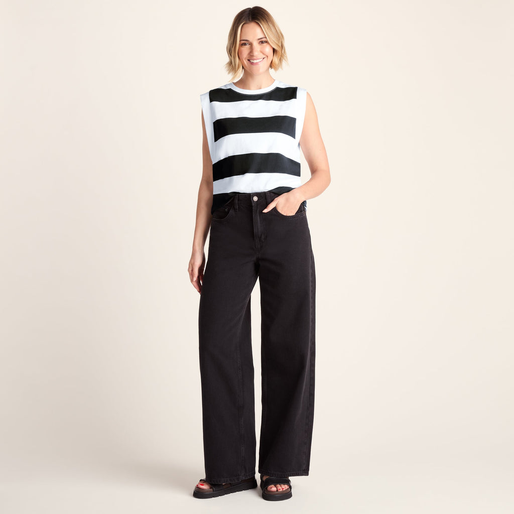 Aurelia Womens 100% Cotton Supersoft Boxy Fit Vest - Washed Black Stripe - Image 2