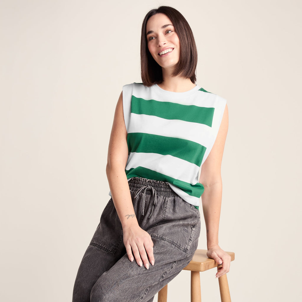 Aurelia Womens 100% Cotton Supersoft Boxy Fit Vest - Green Stripe - Image 5