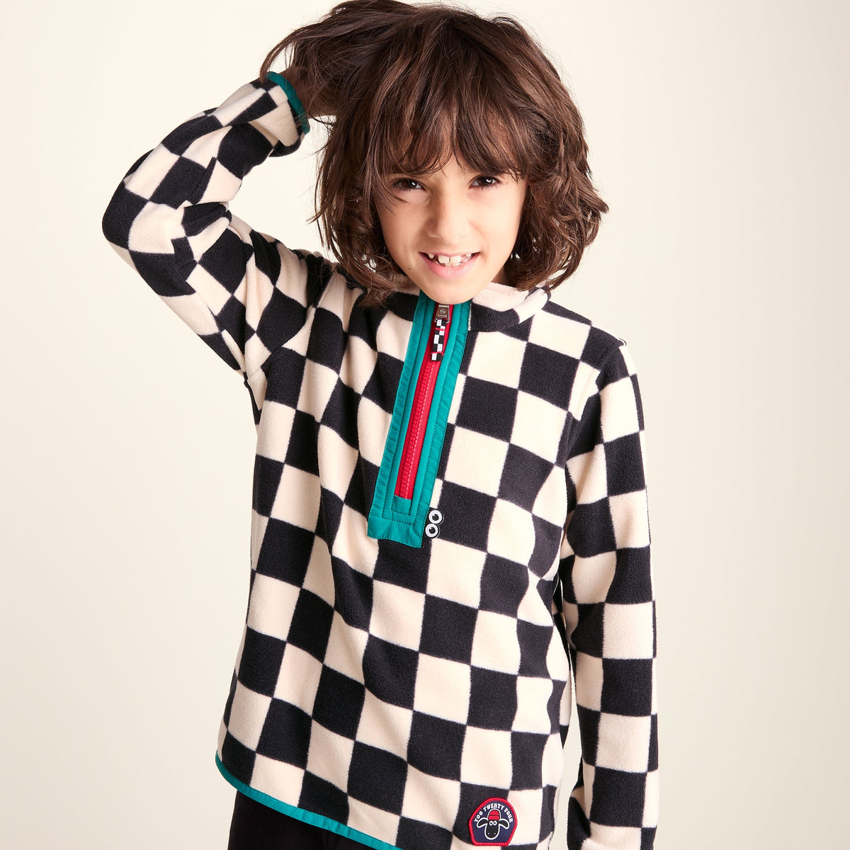 Brecknock Kids Shaun the Sheep Fleece Zip Neck - Woolly/Black Checkerboard - Image 5