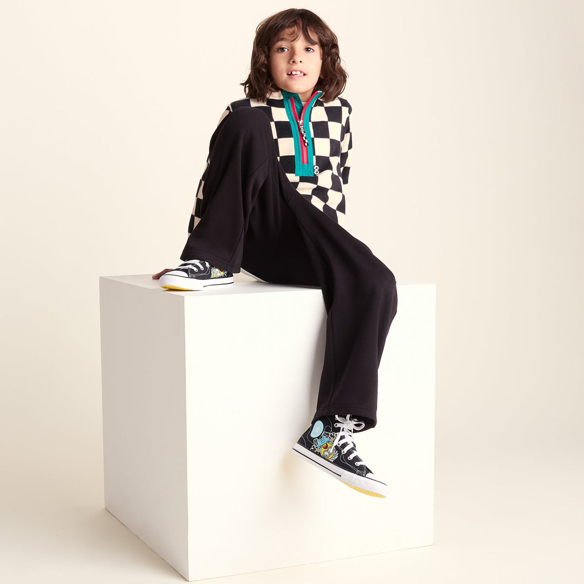 Brecknock Kids Shaun the Sheep Fleece Zip Neck - Woolly/Black Checkerboard - Image 7