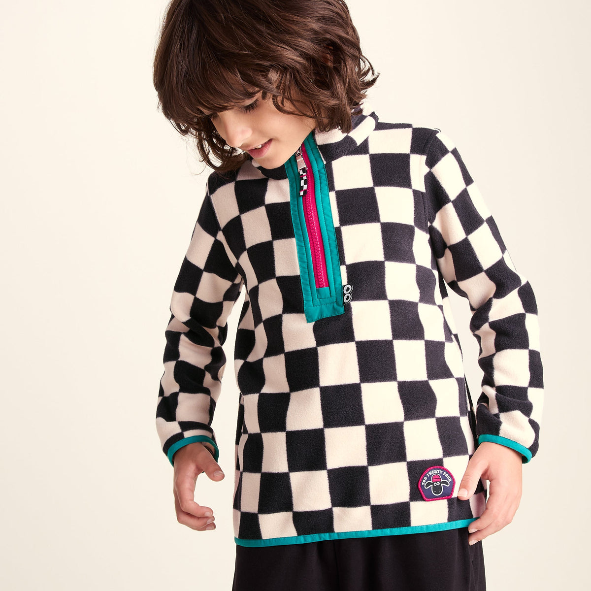 Brecknock Kids Shaun the Sheep Fleece Zip Neck - Woolly/Black Checkerboard - Image 9