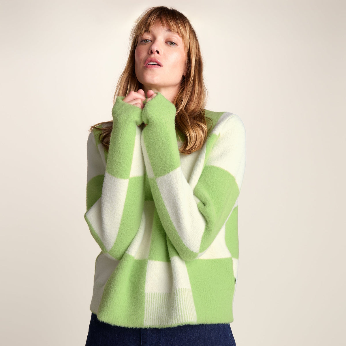 Celeste Womens Checkerboard Chunky Knit Jumper - Lemon Lime - Image 9