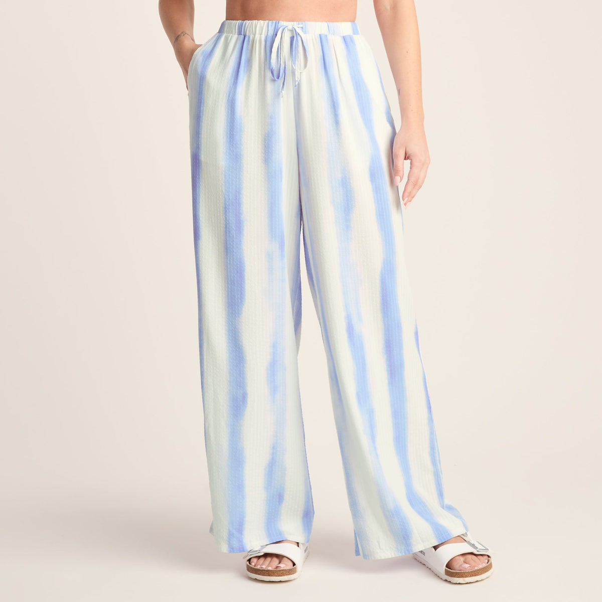 Christina Womens Wide Leg Lightweight Trousers - Blue Hues Print - Image 3