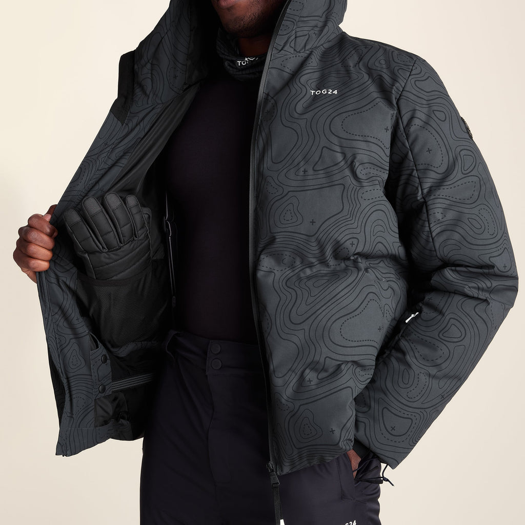 Davos Mens Shower Resistant Insulated Ski Jacket - Black Terrain Print - Image 17