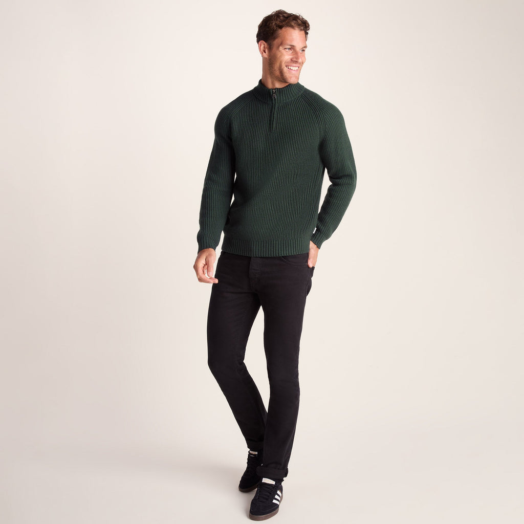 Glen Mens Chunky Knitted Zip Neck Jumper - Racing Green - Image 3