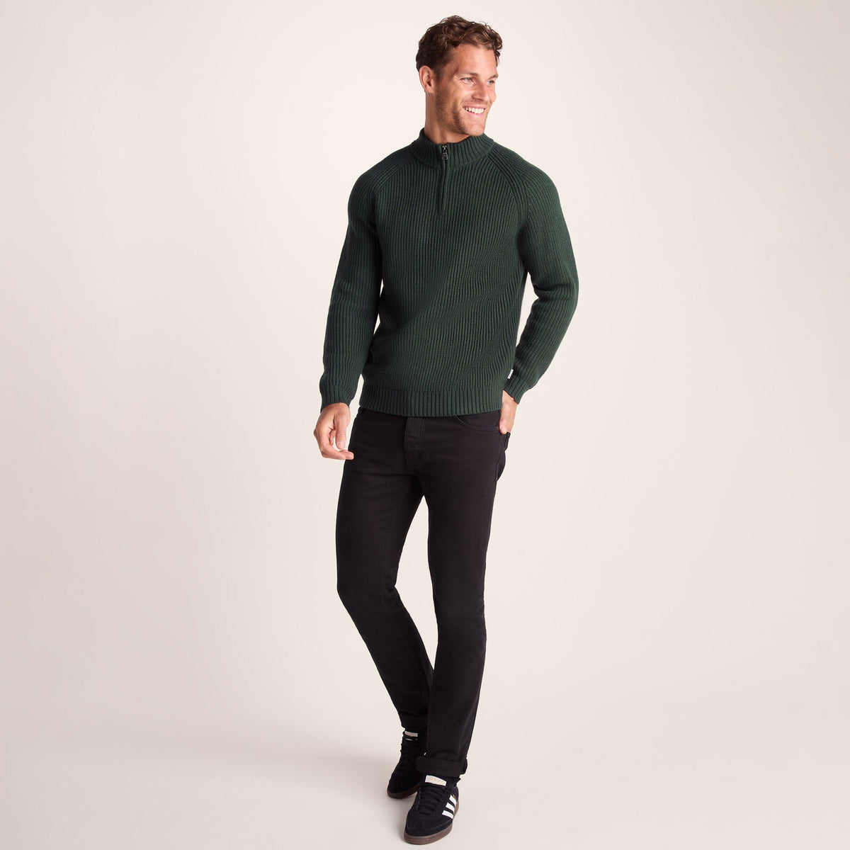 Glen Mens Chunky Knitted Zip Neck Jumper - Racing Green - Image 3