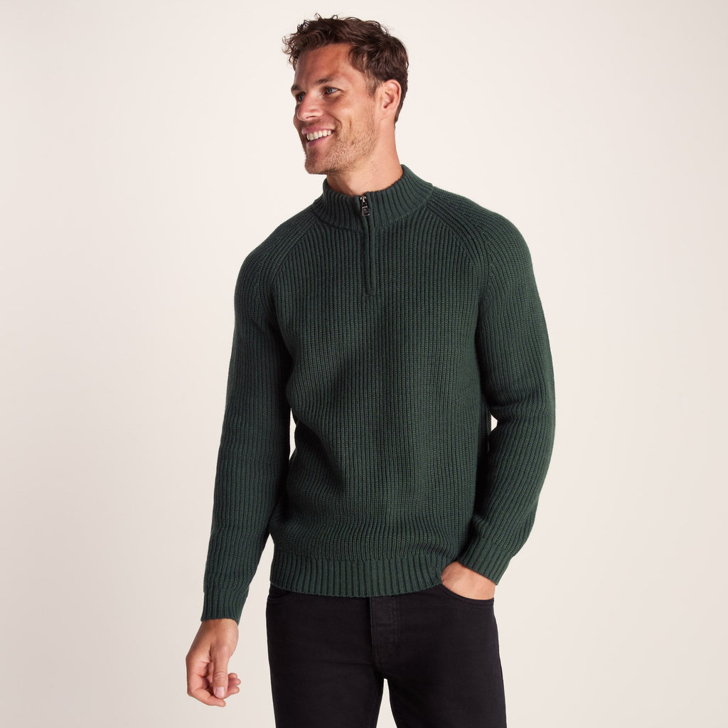 Glen Mens Chunky Knitted Zip Neck Jumper - Racing Green - Image 2