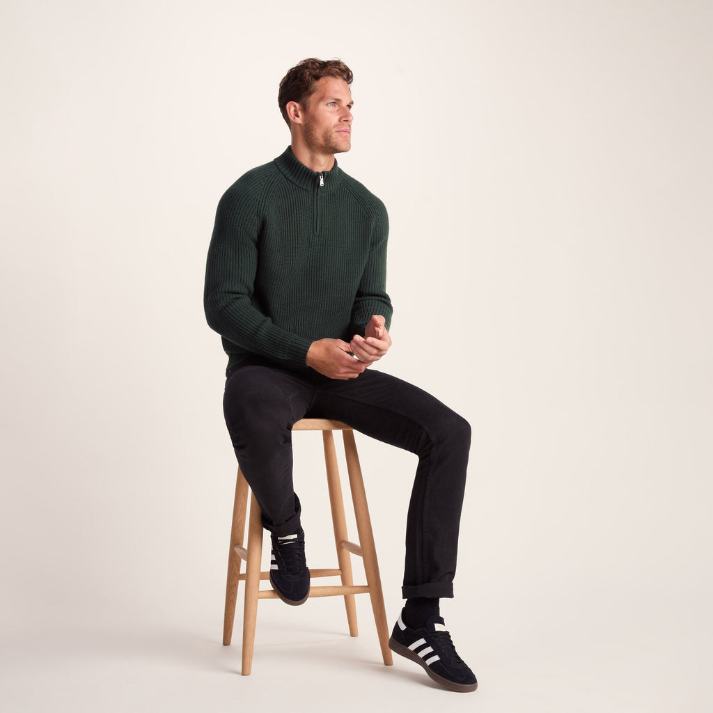 Glen Mens Chunky Knitted Zip Neck Jumper - Racing Green - Image 4