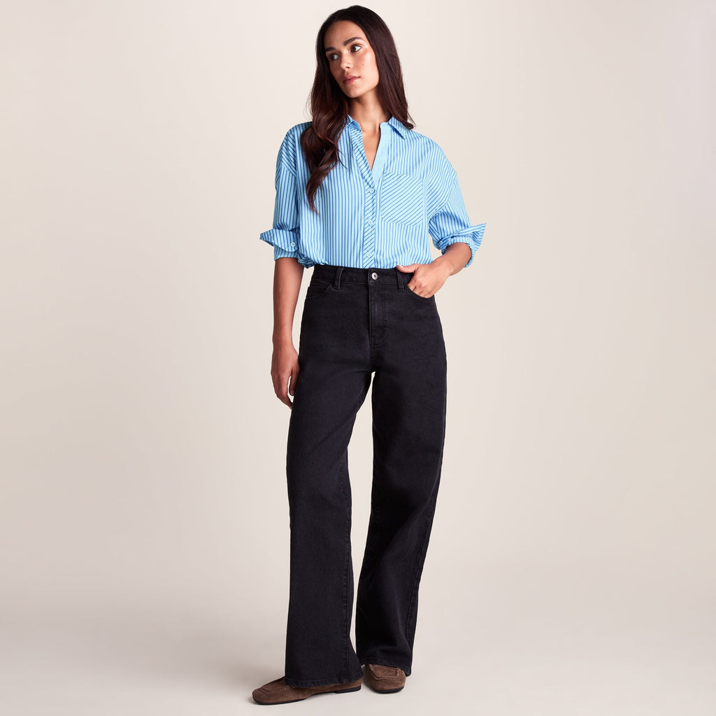 Helena Womens Oversized 100% Cotton Long Sleeve Shirt - Cobalt Blue Stripe - Image 3