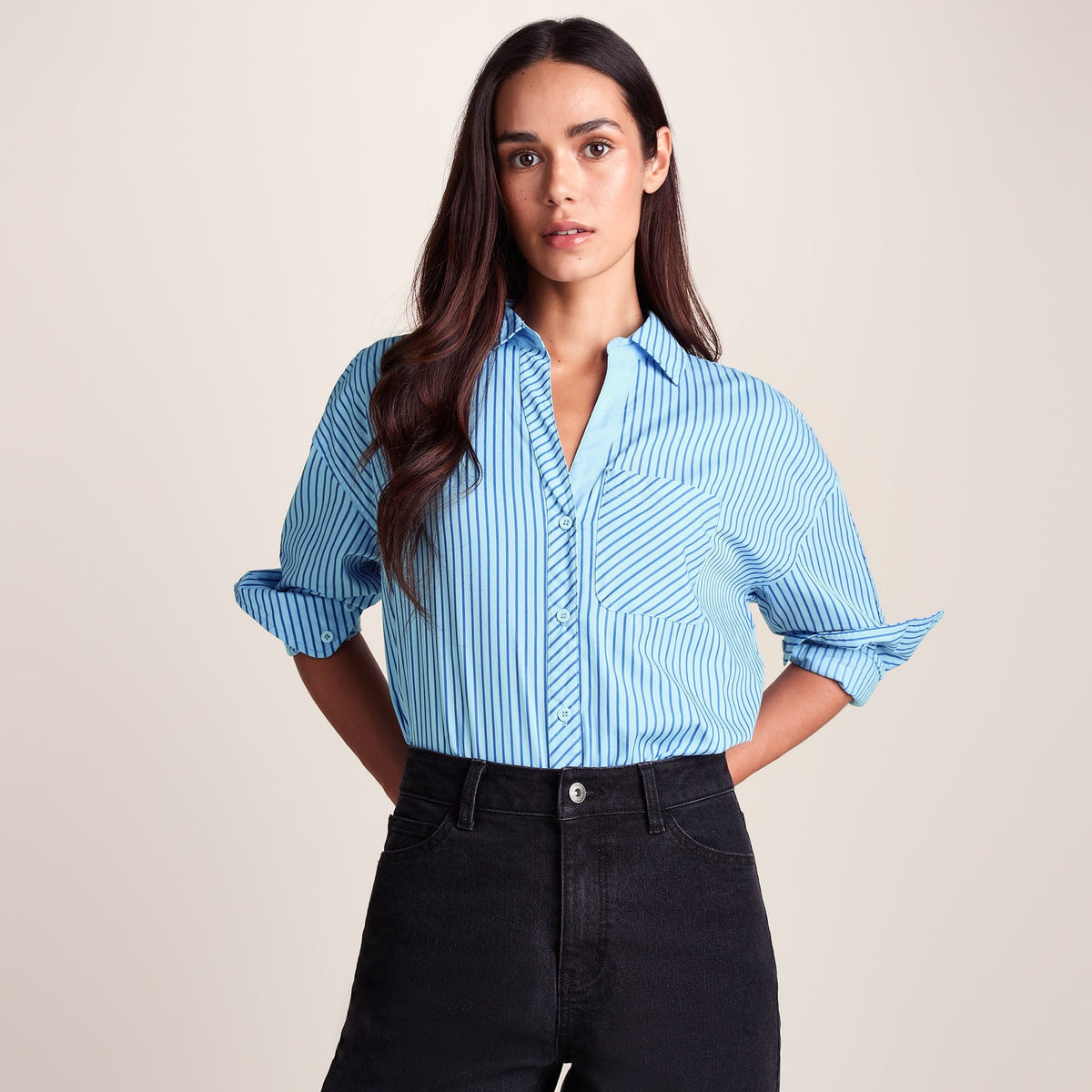 Helena Womens Oversized 100% Cotton Long Sleeve Shirt - Cobalt Blue Stripe - Image 2