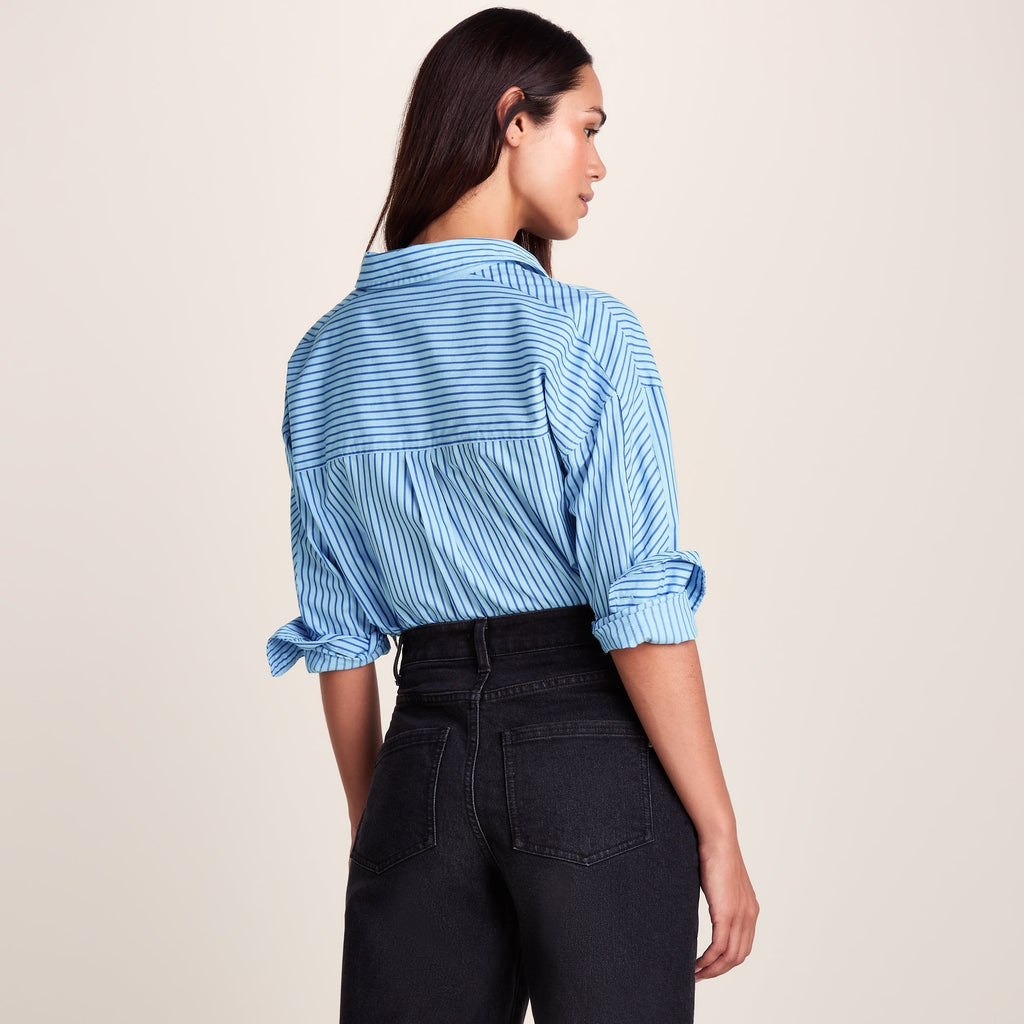 Helena Womens Oversized 100% Cotton Long Sleeve Shirt - Cobalt Blue Stripe - Image 4