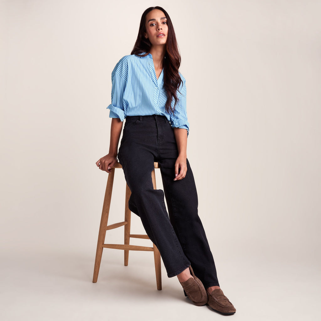 Helena Womens Oversized 100% Cotton Long Sleeve Shirt - Cobalt Blue Stripe - Image 5