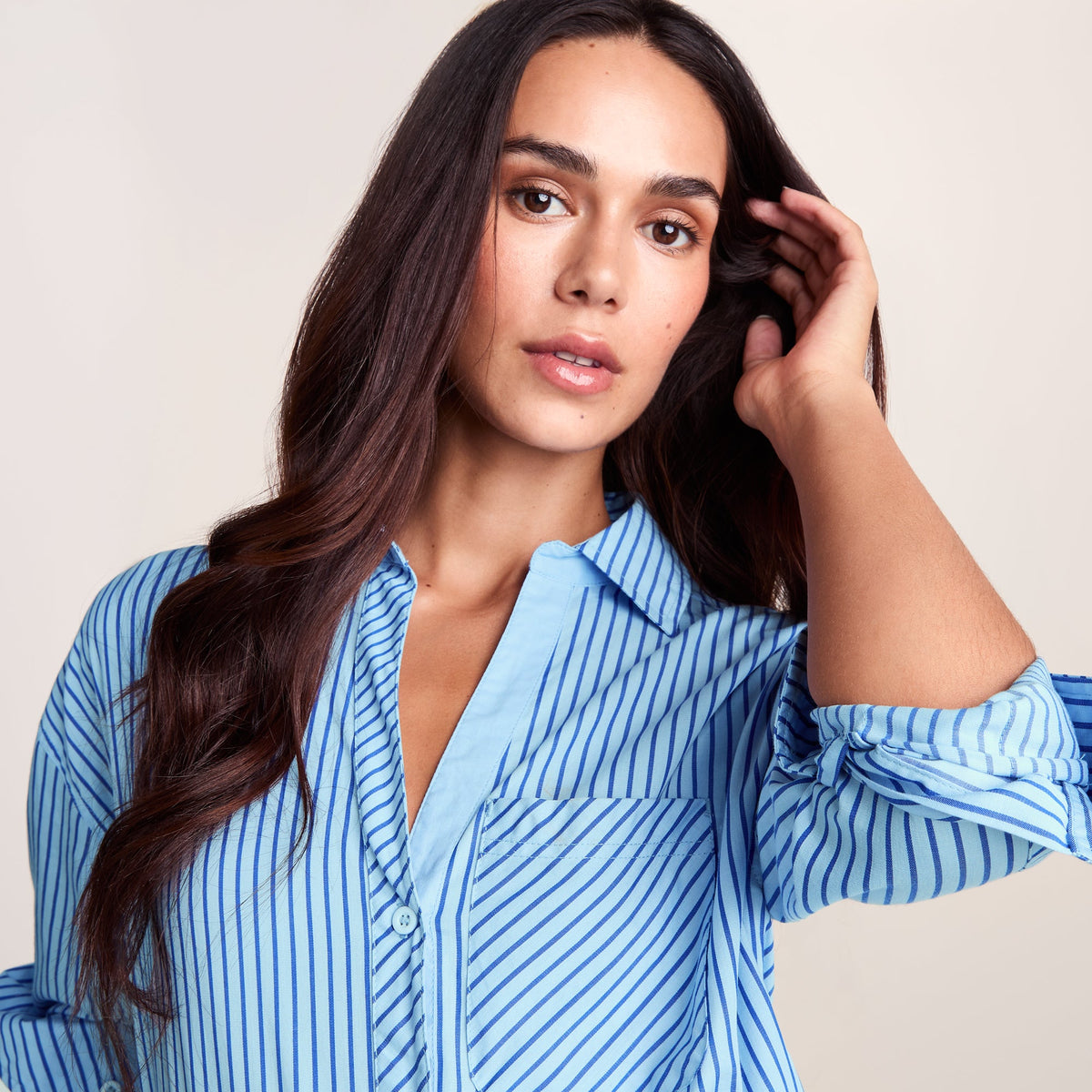 Helena Womens Oversized 100% Cotton Long Sleeve Shirt - Cobalt Blue Stripe - Image 6