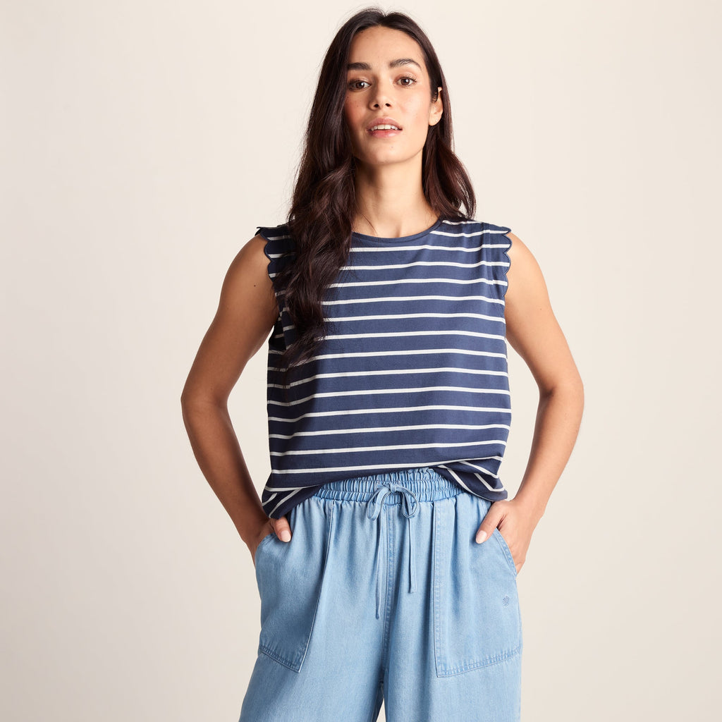 Katie Womens 100% Cotton Supersoft Vest - Smokey Blue/Optic White Stripe