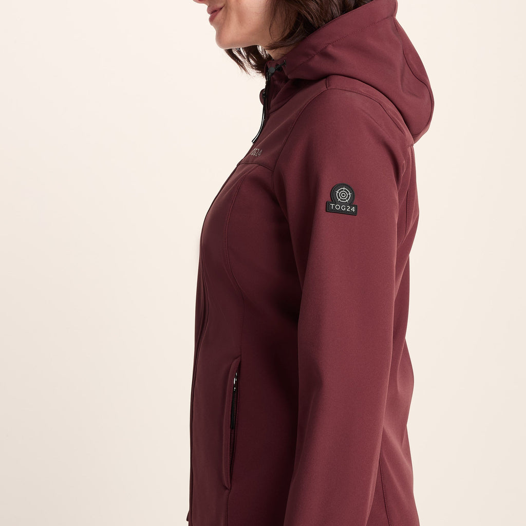 Keld Womens Long Shower Resistant Hooded Softshell Jacket - Burgundy - Image 8