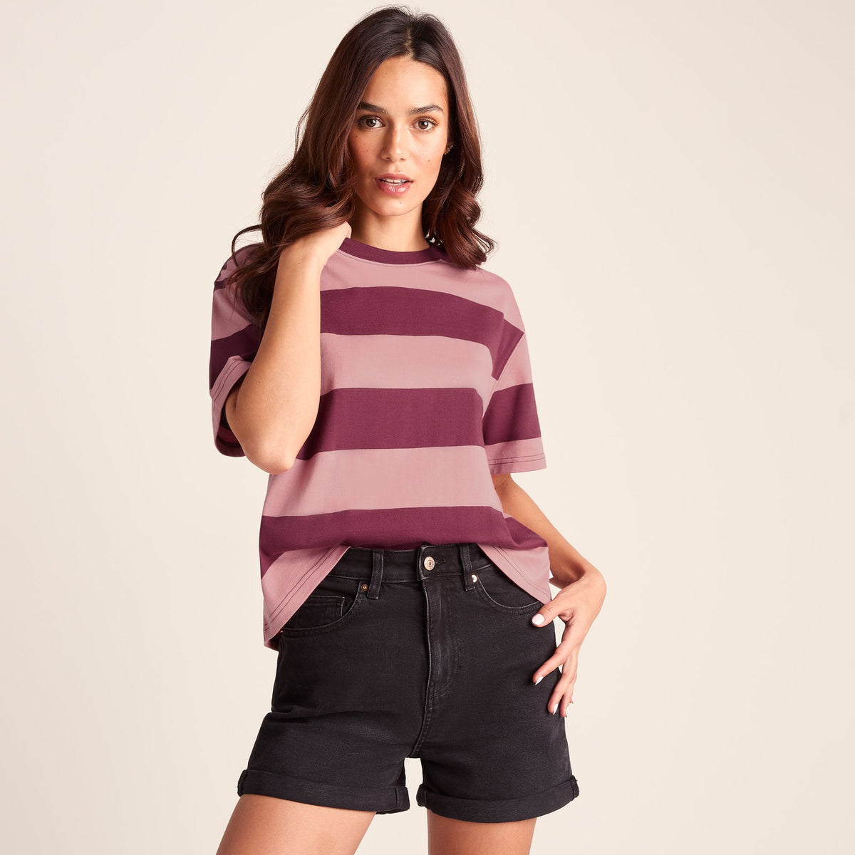 Lani Womens 100% Cotton Supersoft Boxy Fit T-Shirt - Black Raspberry Stripe