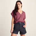 Meredith Womens Short Sleeve Supersoft Blouse - Black Raspberry Wiggle Print