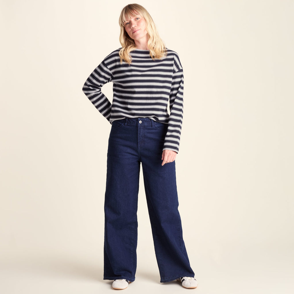 Misty Womens Supersoft Cotton Striped Boat Neck T-Shirt - Deepest Blue Stripe - Image 2