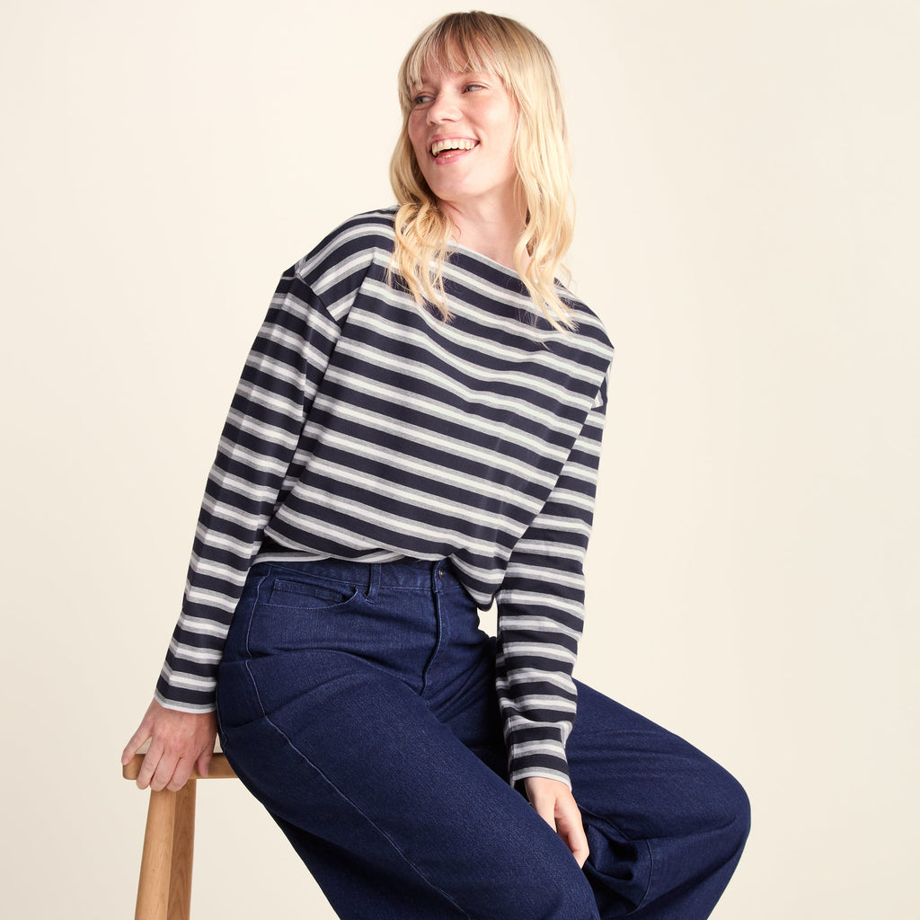 Misty Womens Supersoft Cotton Striped Boat Neck T-Shirt - Deepest Blue Stripe - Image 4