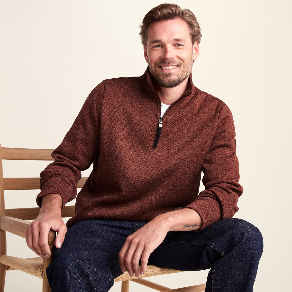 Pearson Mens Knitlook Quarter Zip Fleece - Burnt Caramel - Image 4