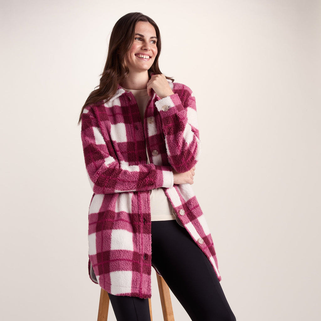 Sally Womens Sherpa Fleece Shacket - Burgundy Check - Image 4