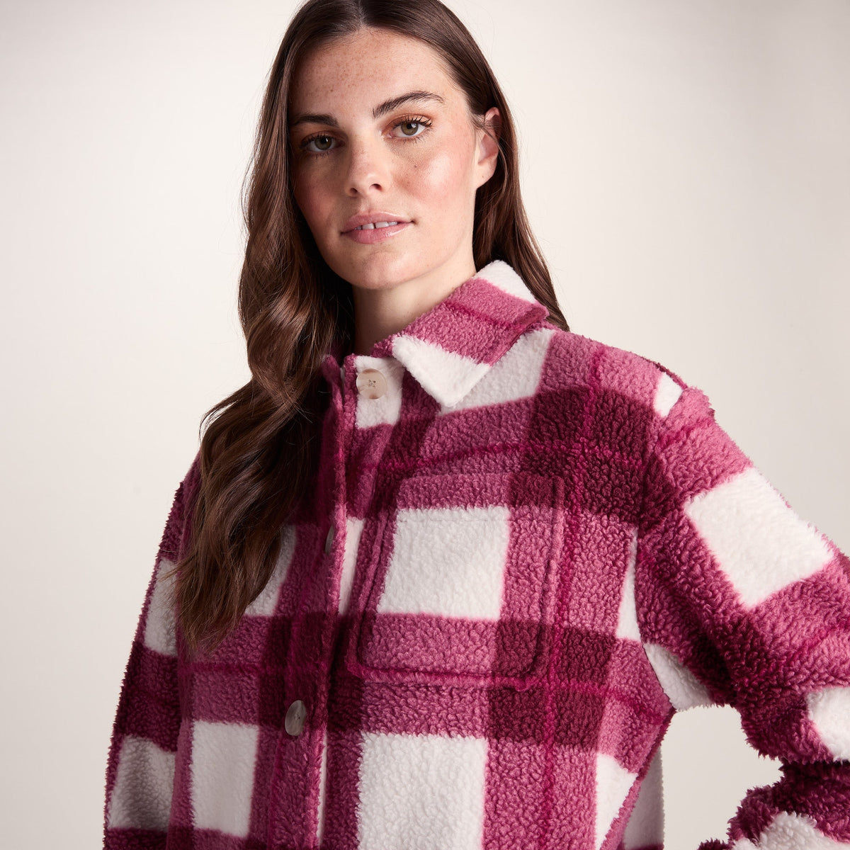 Sally Womens Sherpa Fleece Shacket - Burgundy Check - Image 5