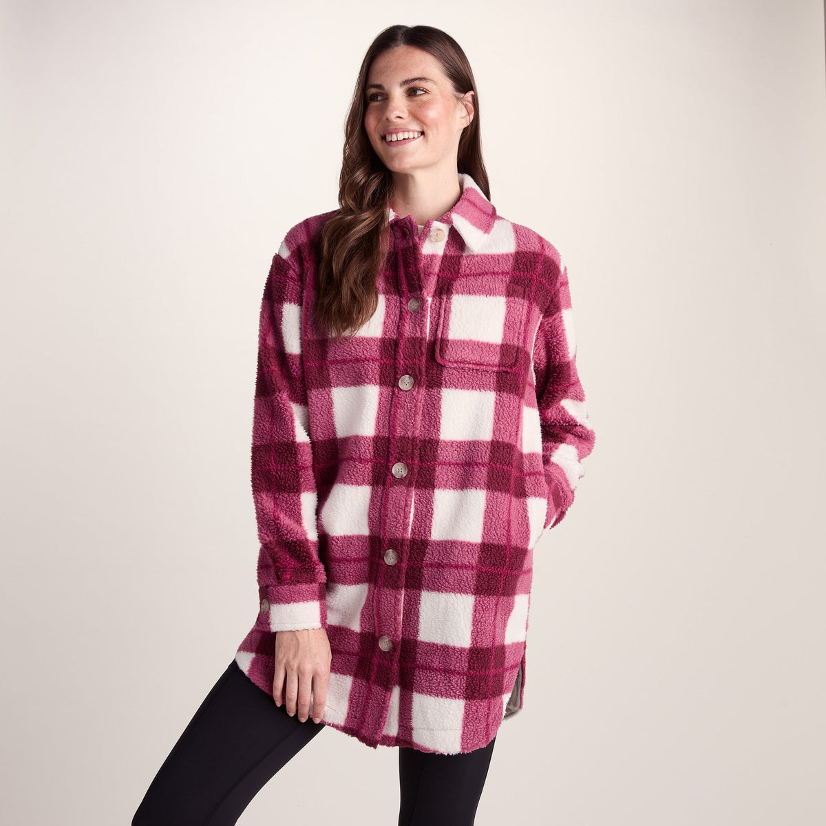Sally Womens Sherpa Fleece Shacket - Burgundy Check - Image 6