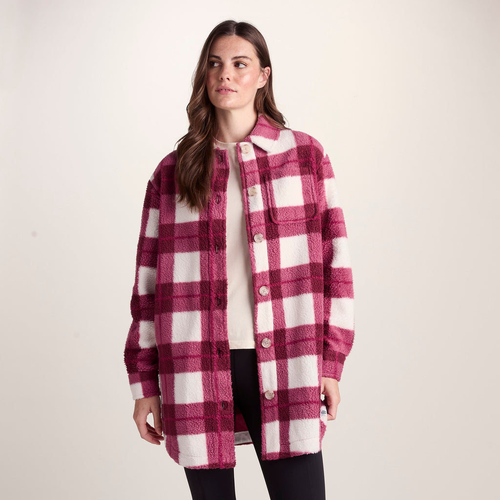 Sally Womens Sherpa Fleece Shacket - Burgundy Check - Image 7
