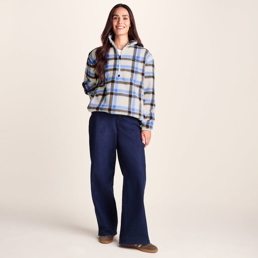 Sara Womens Relaxed Fit Sherpa Fleece Zip Neck - Cobalt & Brown Check - Image 3