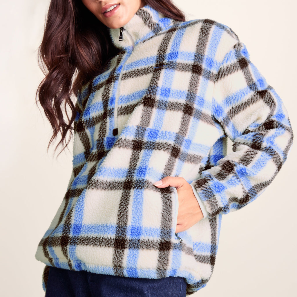 Sara Womens Relaxed Fit Sherpa Fleece Zip Neck - Cobalt & Brown Check - Image 8