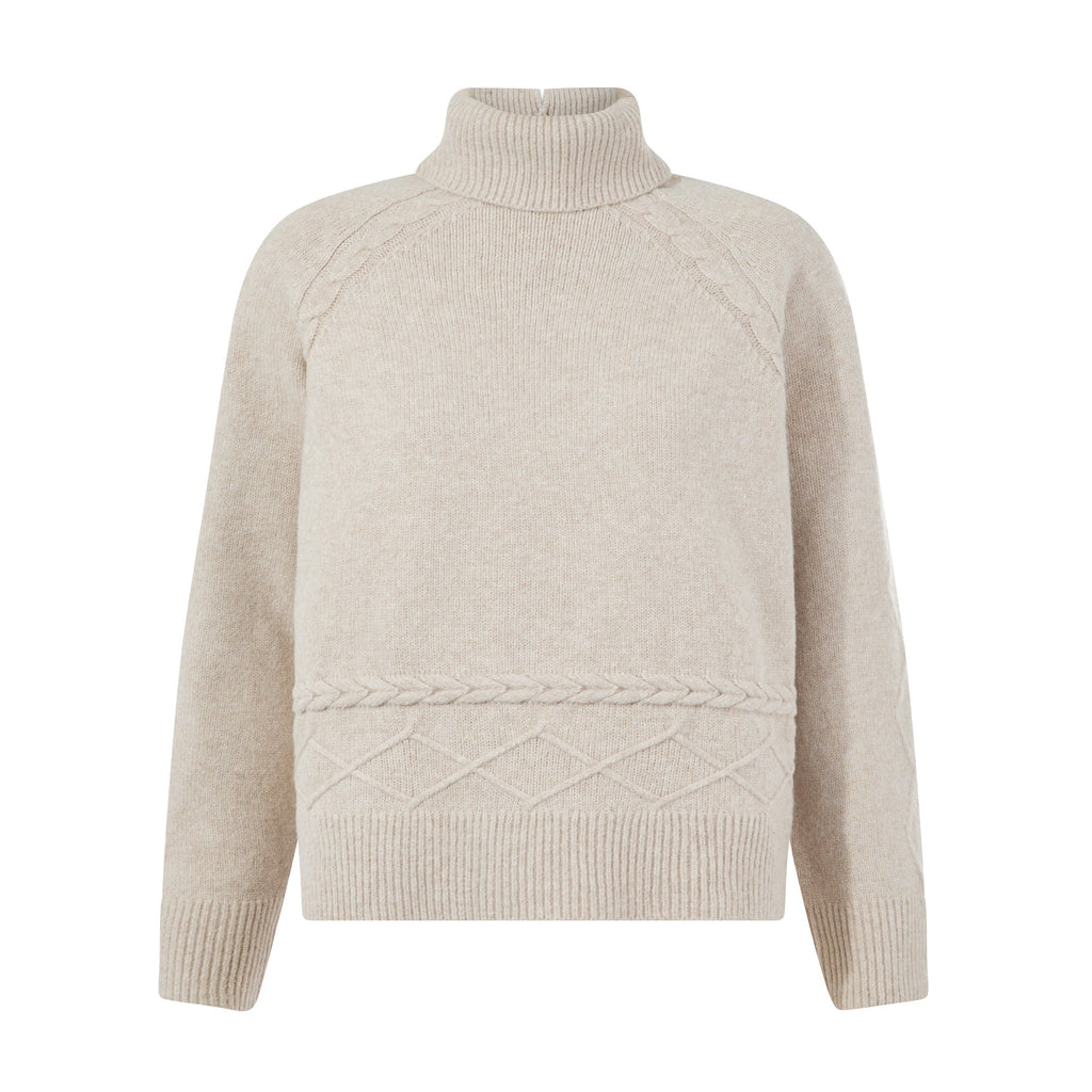 Serena Womens Cable Knit Roll Neck Jumper - Light Beige Melange - Image 9