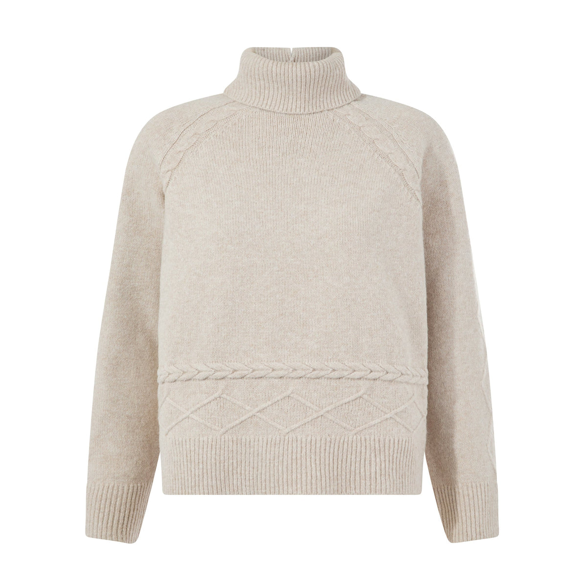Serena Womens Cable Knit Roll Neck Jumper - Light Beige Melange - Image 9