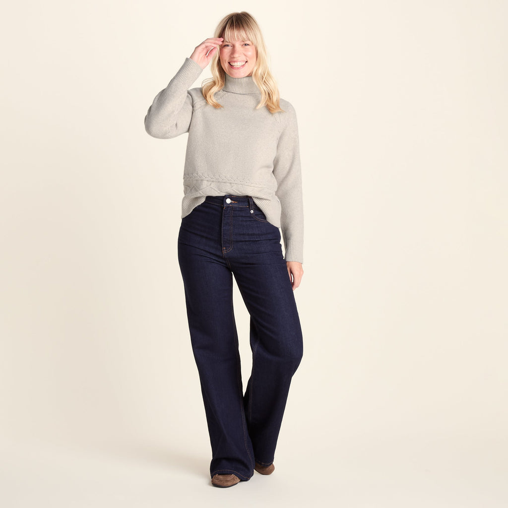 Serena Womens Cable Knit Roll Neck Jumper - Light Beige Melange - Image 3