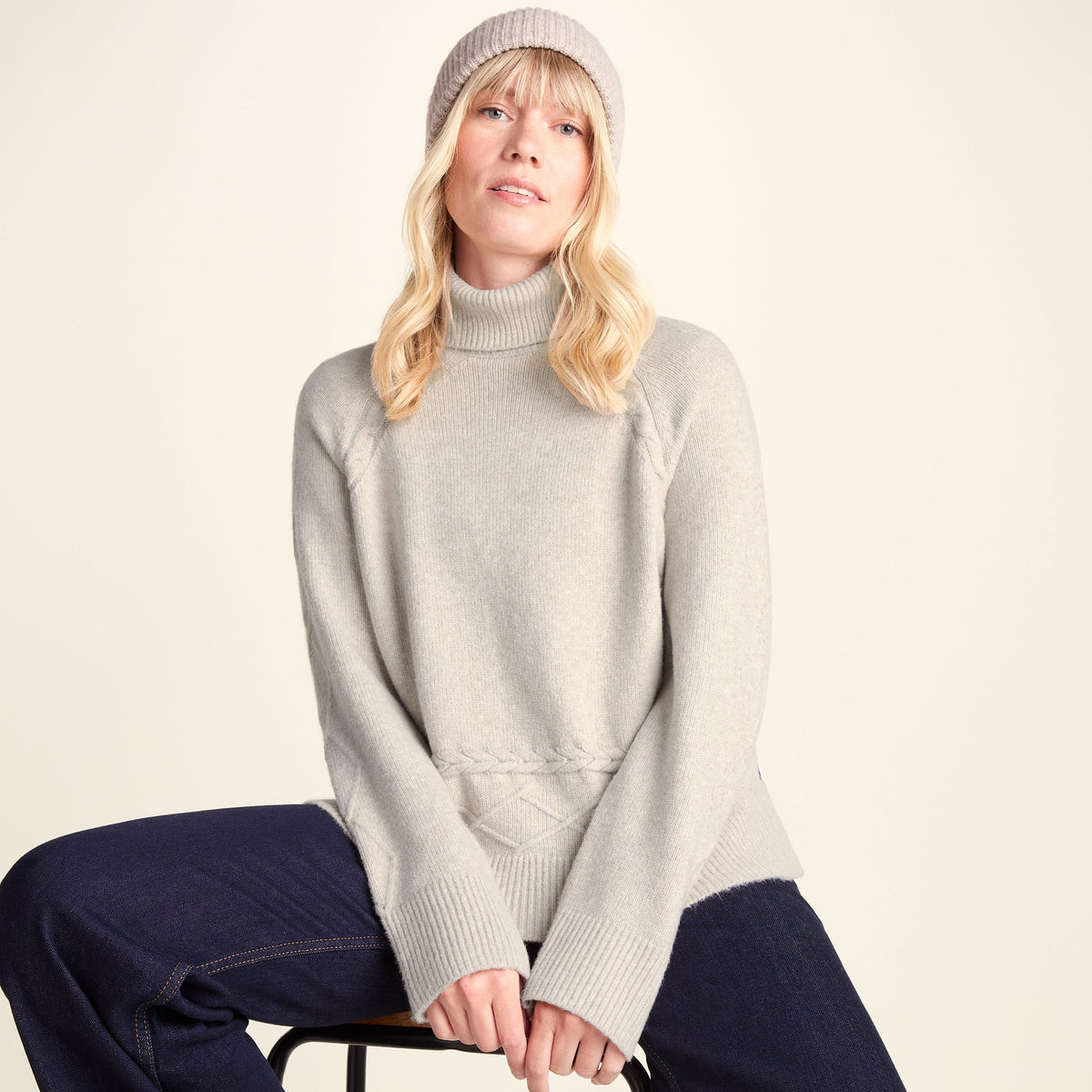 Serena Womens Cable Knit Roll Neck Jumper - Light Beige Melange - Image 5