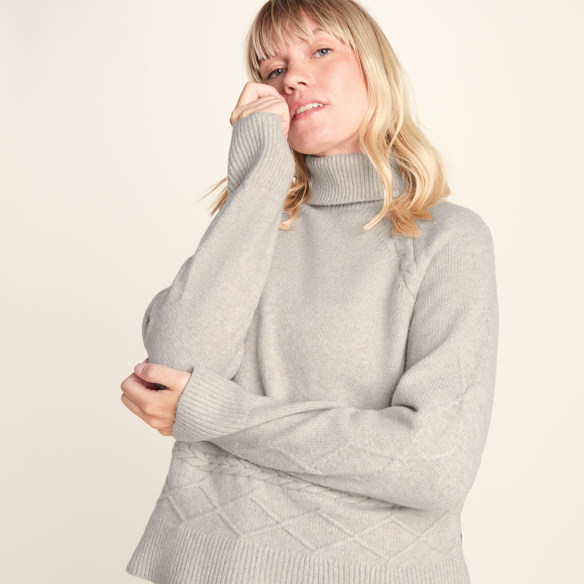Serena Womens Cable Knit Roll Neck Jumper - Light Beige Melange - Image 6