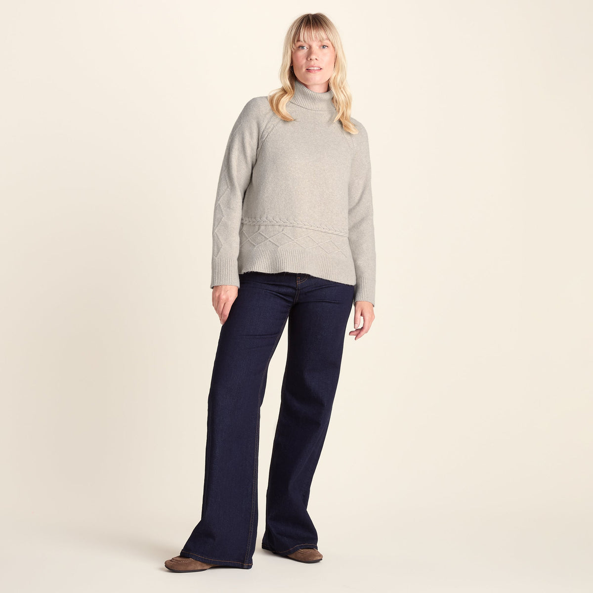 Serena Womens Cable Knit Roll Neck Jumper - Light Beige Melange - Image 8