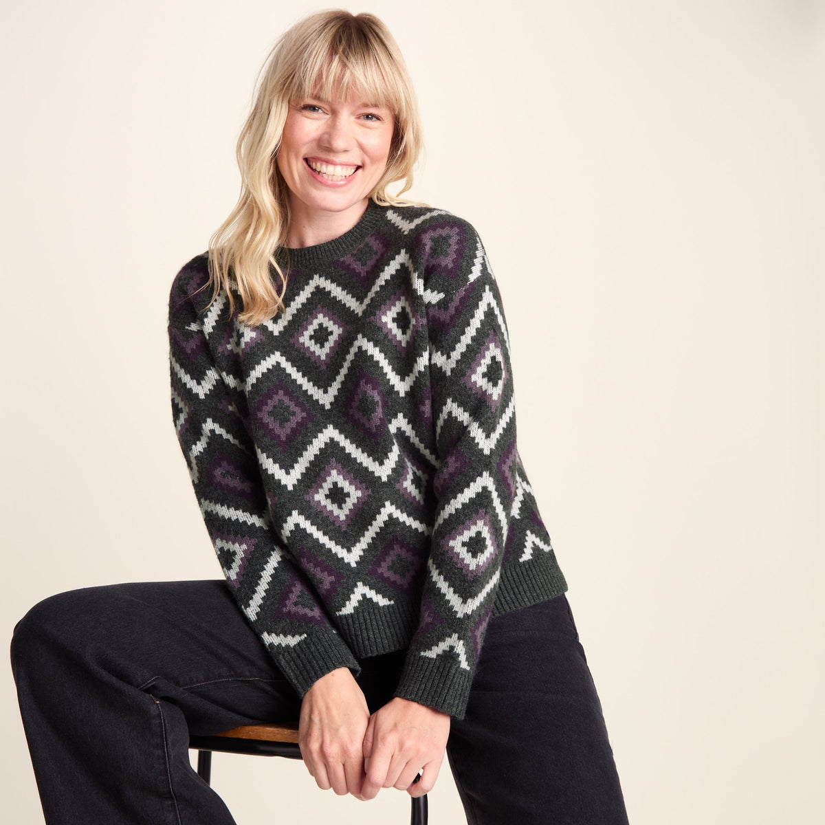 Solana Womens Chunky Fairisle Inspired Knit Jumper - Dark Grey Melange - Image 4