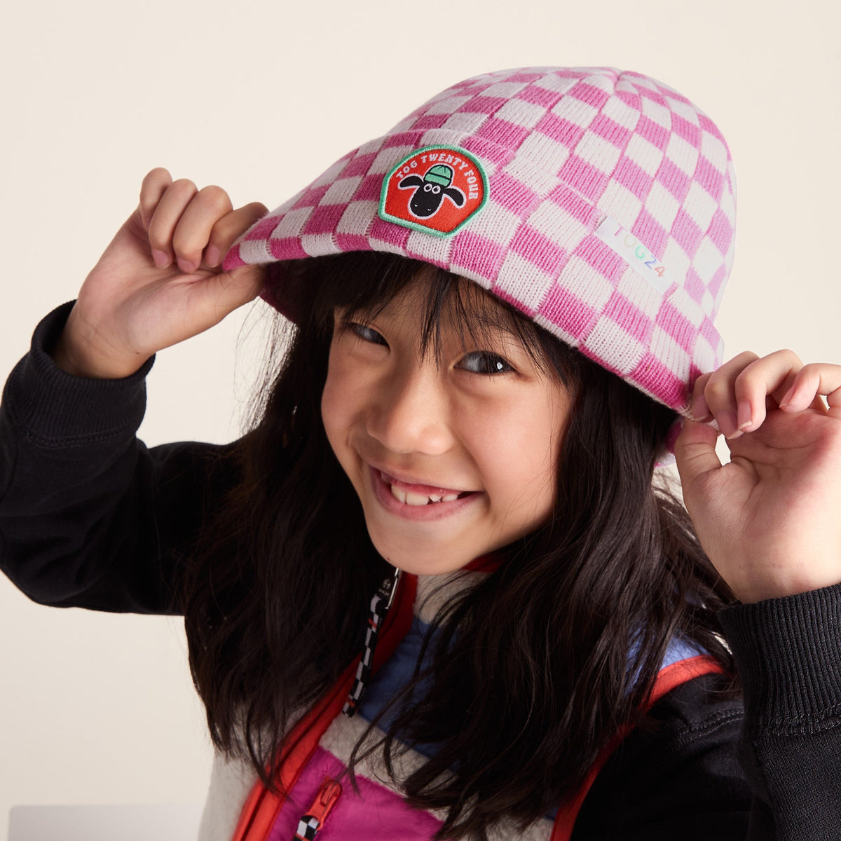 Uda Kids Shaun the Sheep Knit Hat - Pink White Checkerboard - Image 2