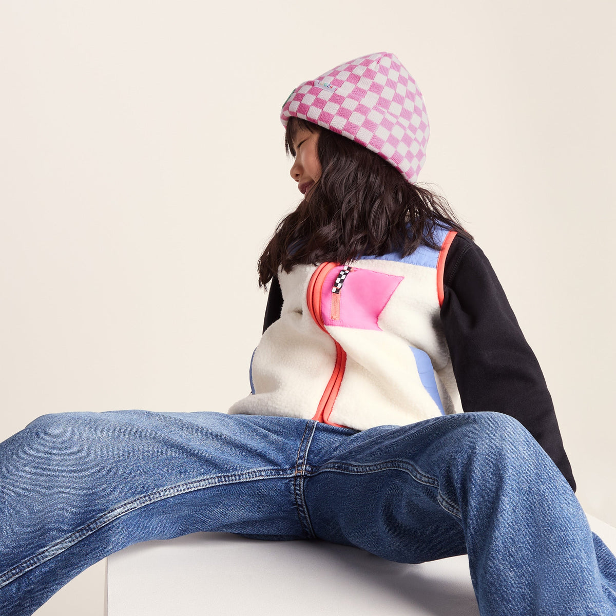 Uda Kids Shaun the Sheep Knit Hat - Pink White Checkerboard - Image 4