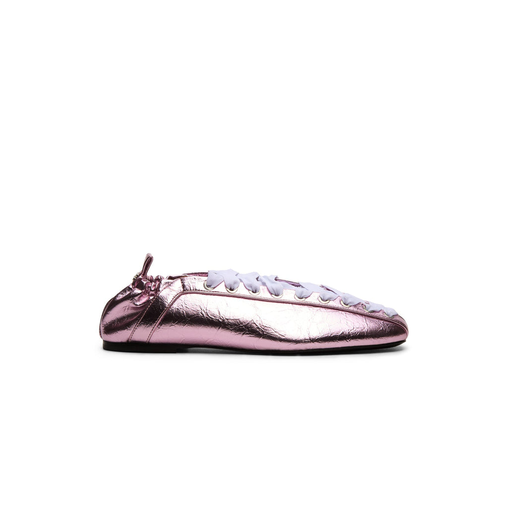 GANNI Eyelets Lace Up Ballerina Crinkle Metallic (Cameo Pink)