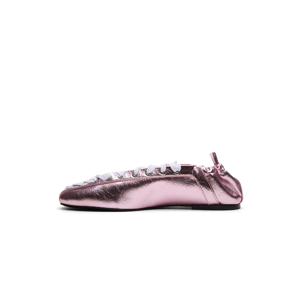 GANNI Eyelets Lace Up Ballerina Crinkle Metallic (Cameo Pink) - Image 2
