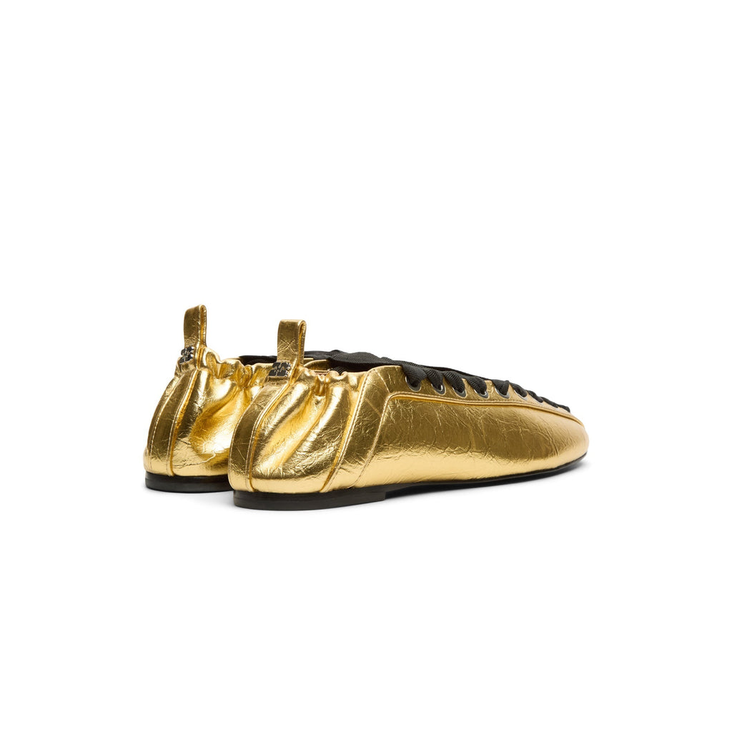 GANNI Eyelets Lace Up Ballerina Crinkle Metallic (Gold) - Image 4