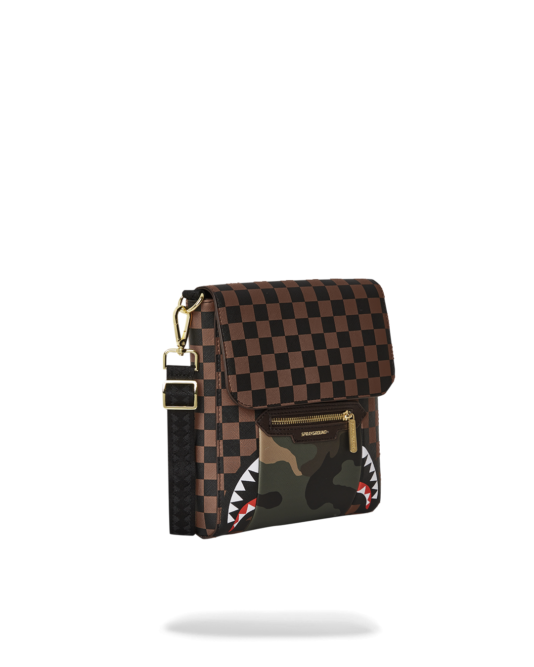 Exterior Gold Zip Pocket Sharks in Paris Messenger Sling Bag - Image 3