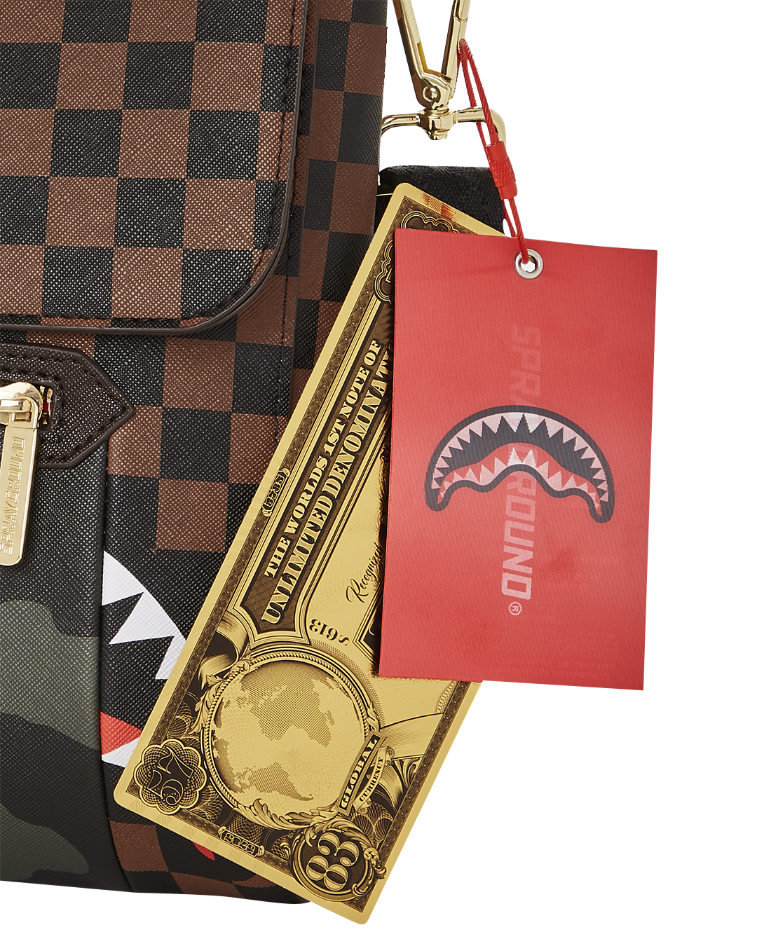 Exterior Gold Zip Pocket Sharks in Paris Messenger Sling Bag - Image 8