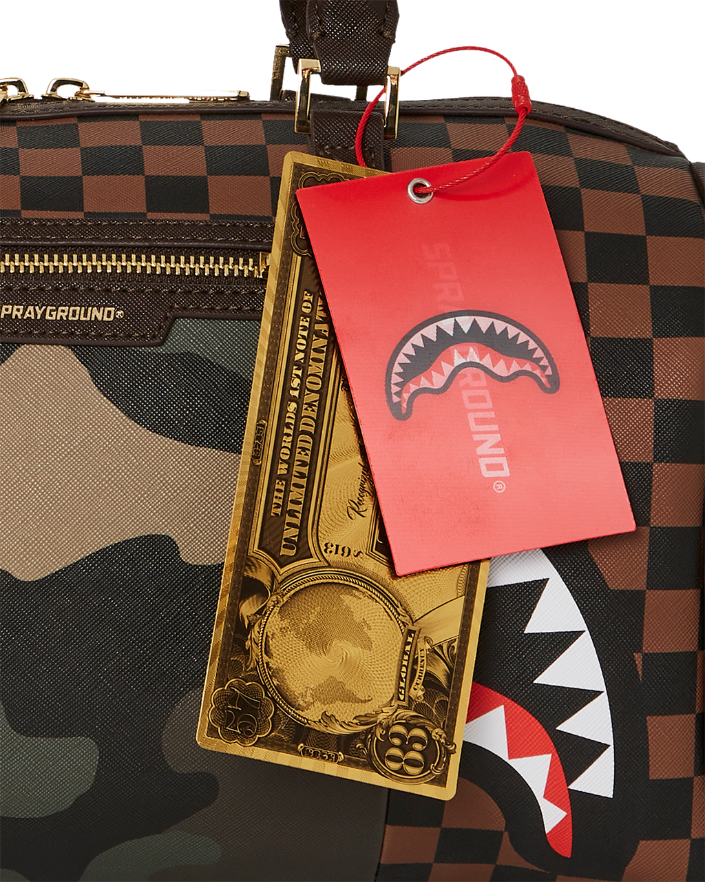 Exterior Gold Zip Pocket Sharks in Paris Mini Duffle - Image 13