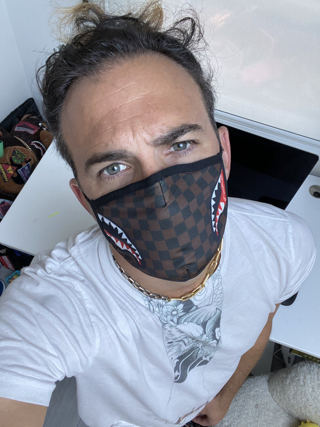Adult Sharks in Paris (Side Shark) Form-Fitting Face Mask - Image 3
