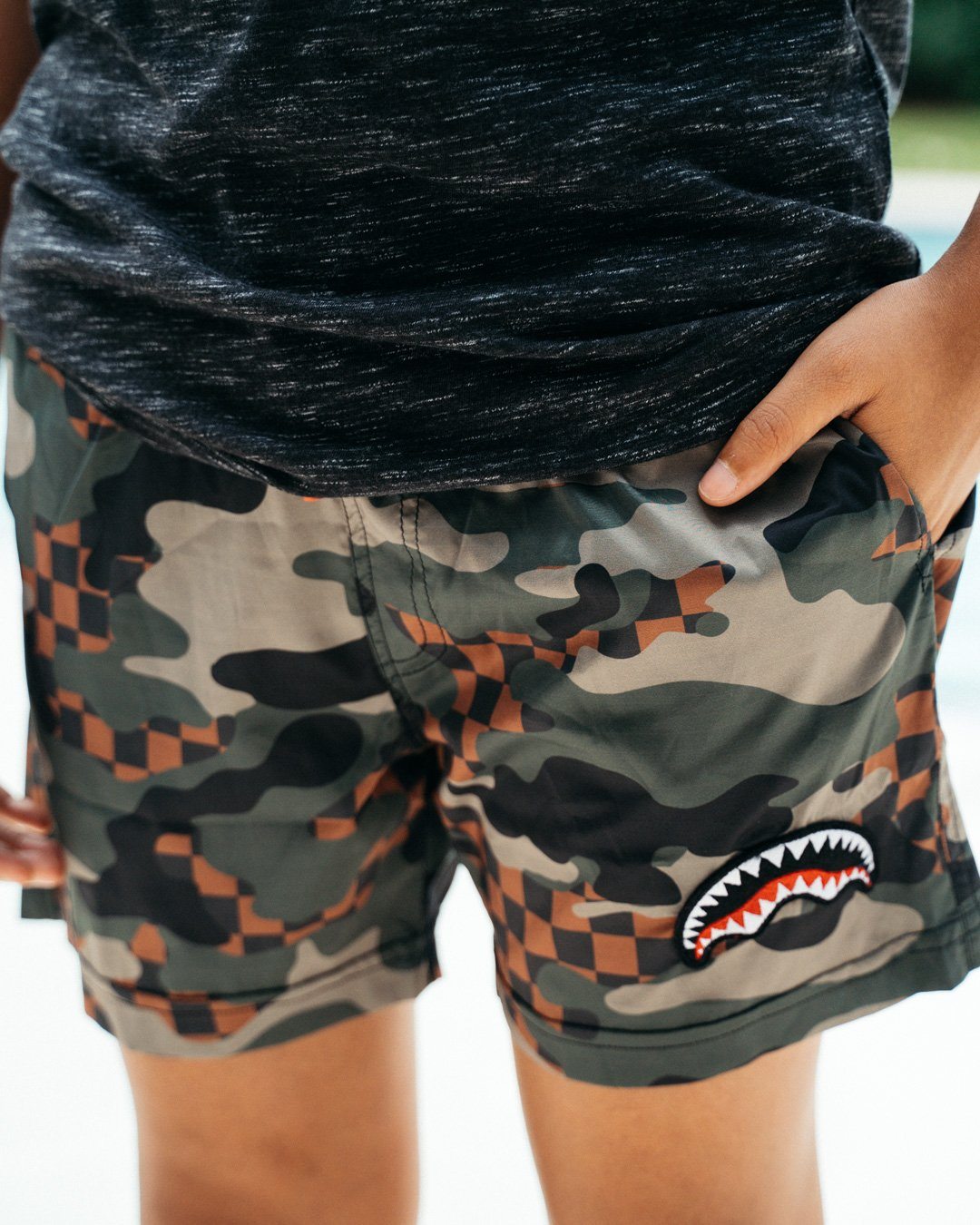 Kids Camo Checkered Swim Trunks - Image 2
