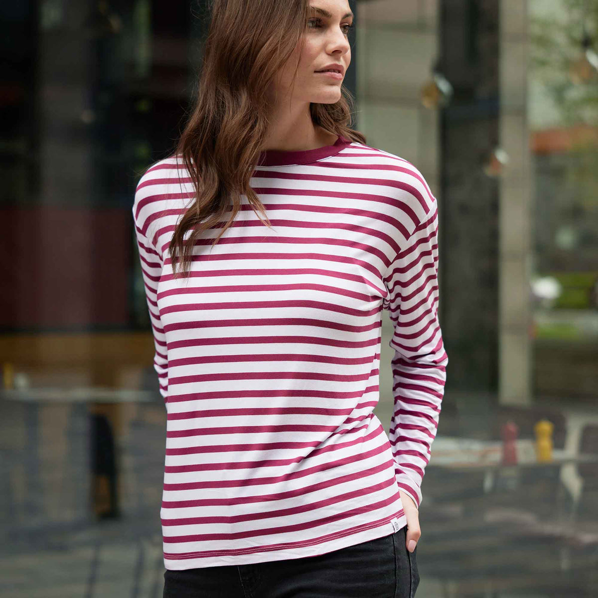 Kitty Womens Long Sleeve Striped T-Shirt - Washed Burgundy Stripe - Image 3